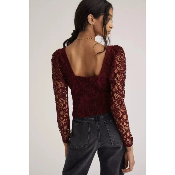 🍷 Anthropologie Burgundy Romantic Lace Sleeve Sweetheart Blouse 🍷 - Picture 3 of 3